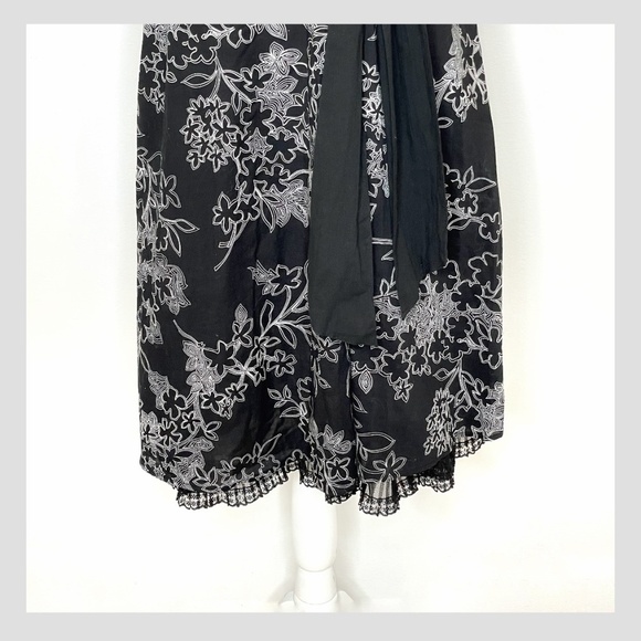 AGB Pin Up Style Fit and Flare Tulle Dress Belted Halter Top Cotton Black Floral - Picture 4 of 7